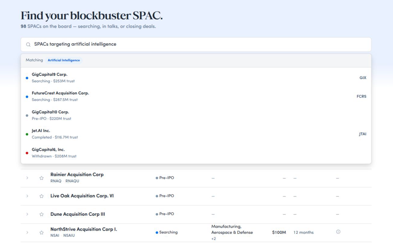 SPAC Watch's plain-language search showing a natural-language query and its matching company results.